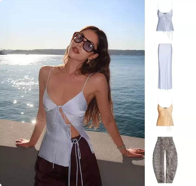 Sexy hot girl asymmetrical open satin strapless top with a belt, paired with a low-waisted half-length skirt set