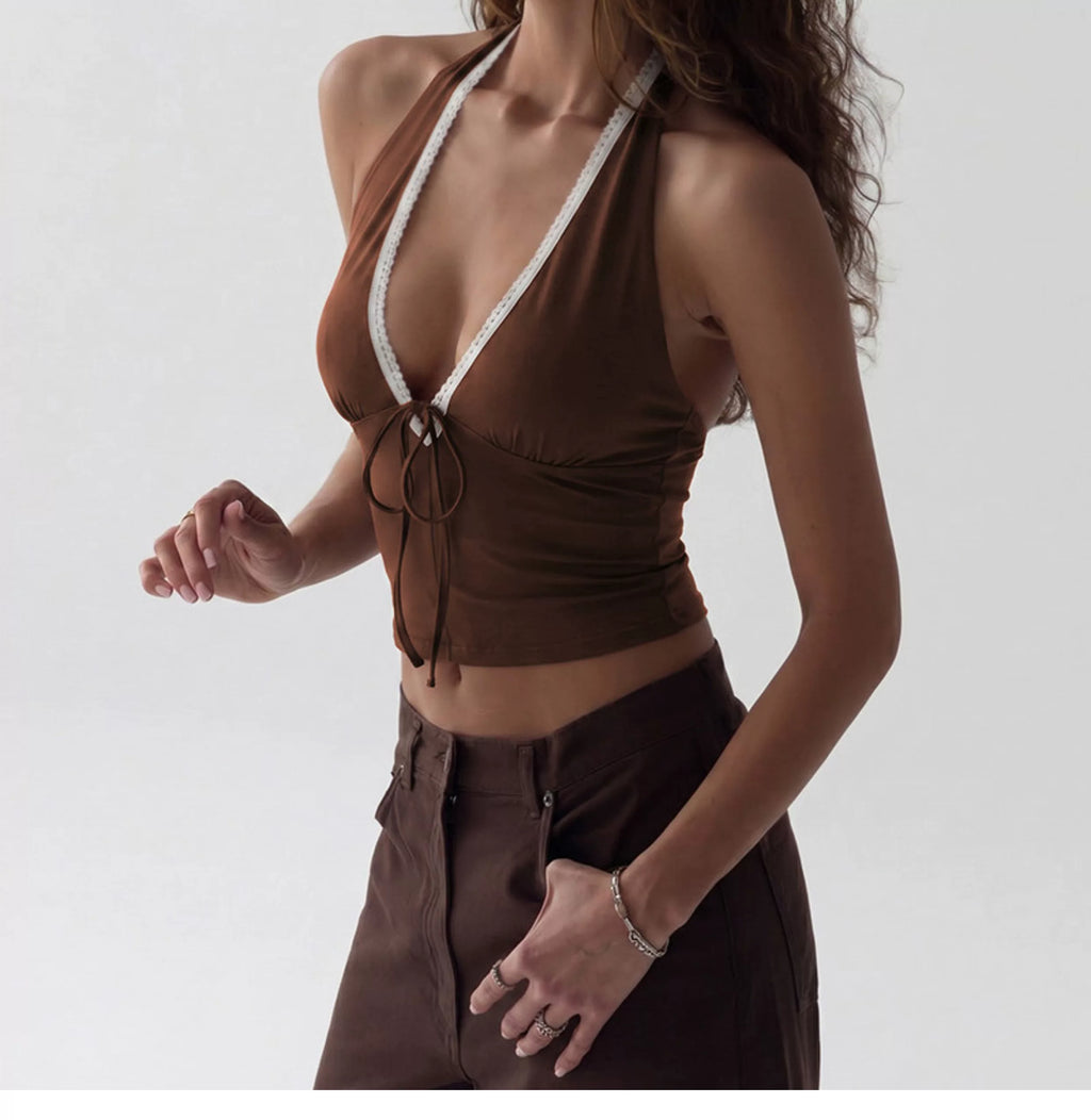 Sexy backless lace deep V-neck collarless backless top for girls with high waist and fitted design, featuring adjustable straps.