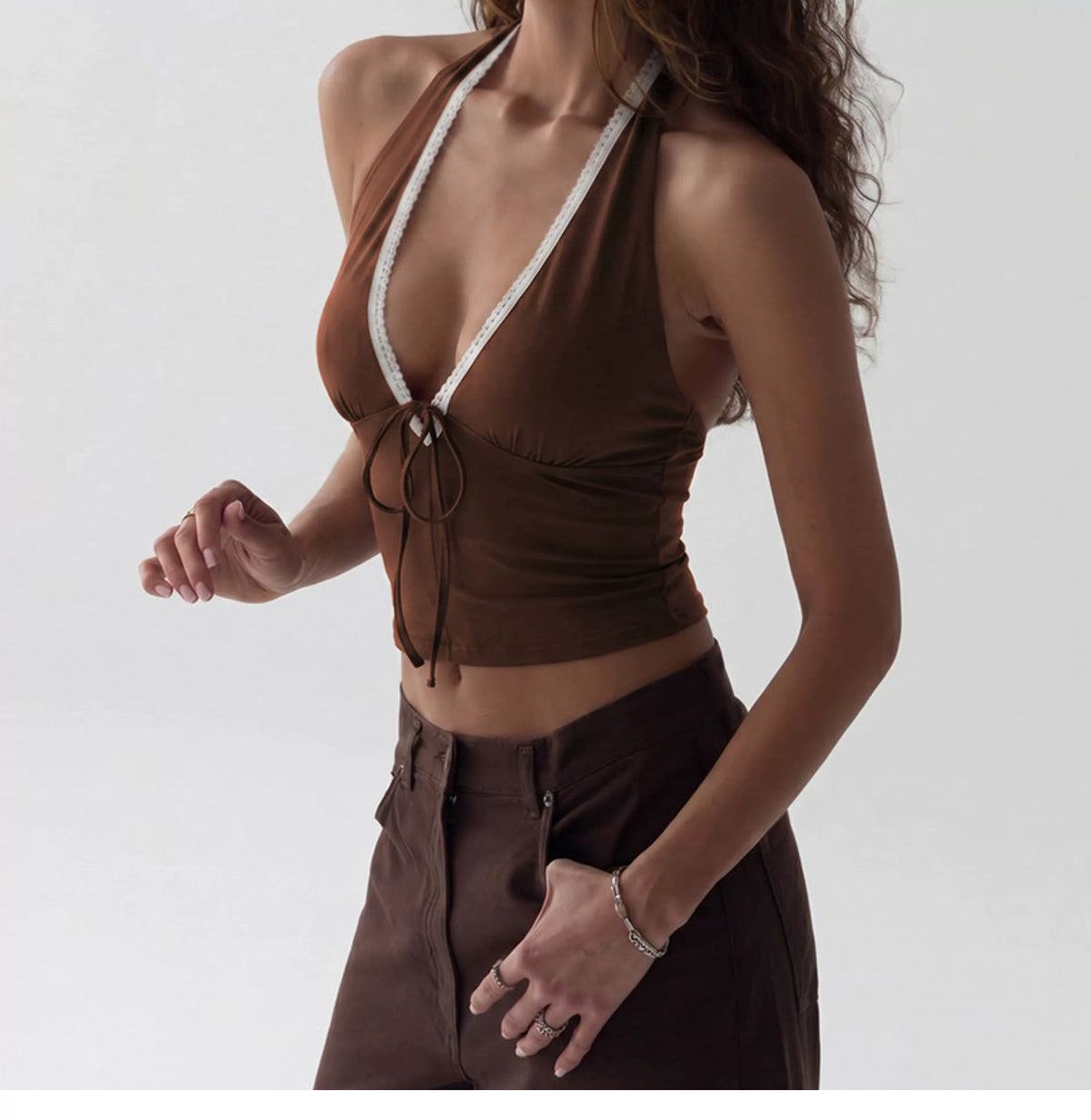 Sexy backless lace deep V-neck collarless backless top for girls with high waist and fitted design, featuring adjustable straps.