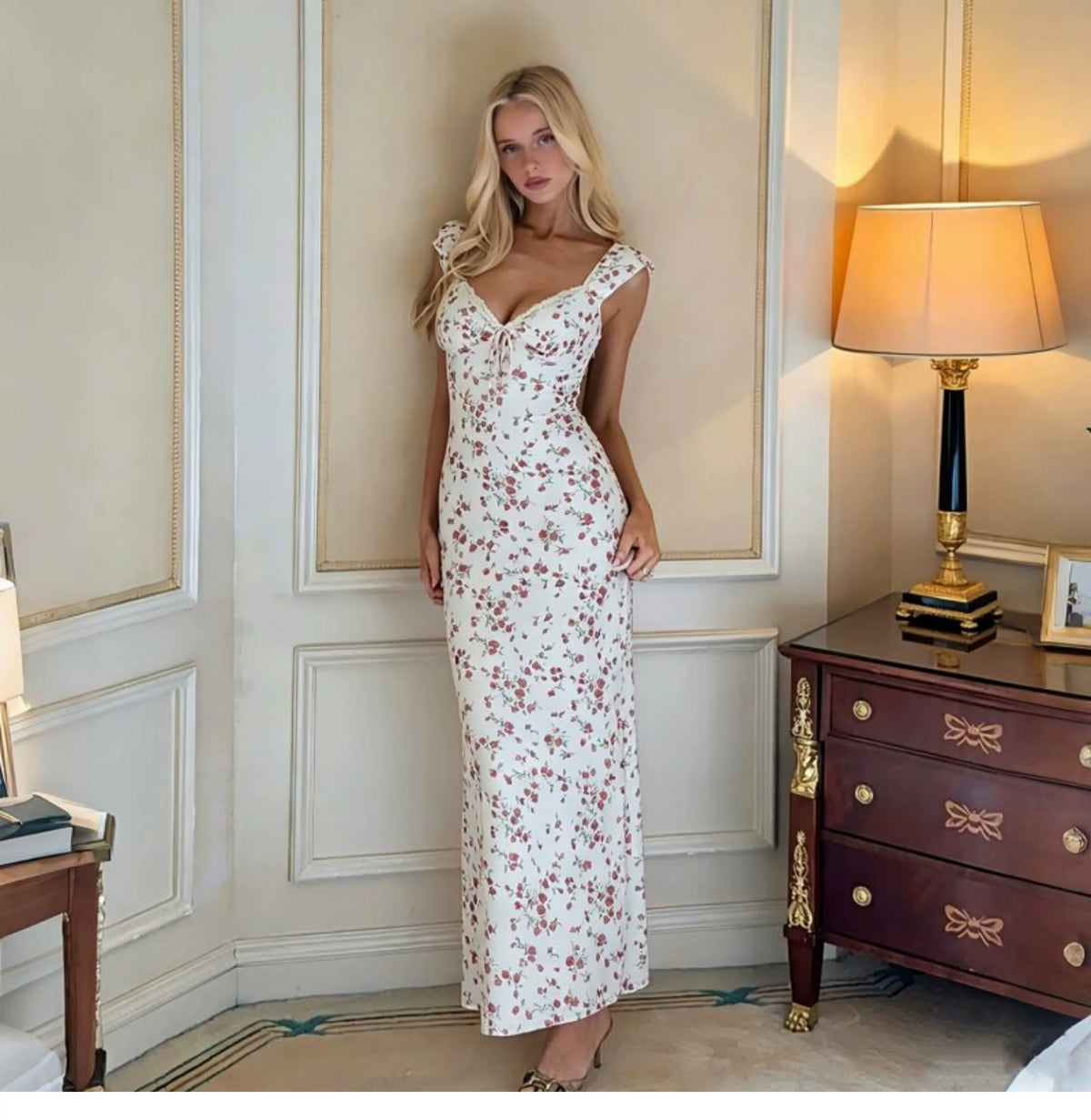 Holiday-style double-layer netted floral halter dress with lace stitching and tie straps, high-waisted and figure-hugging long dress