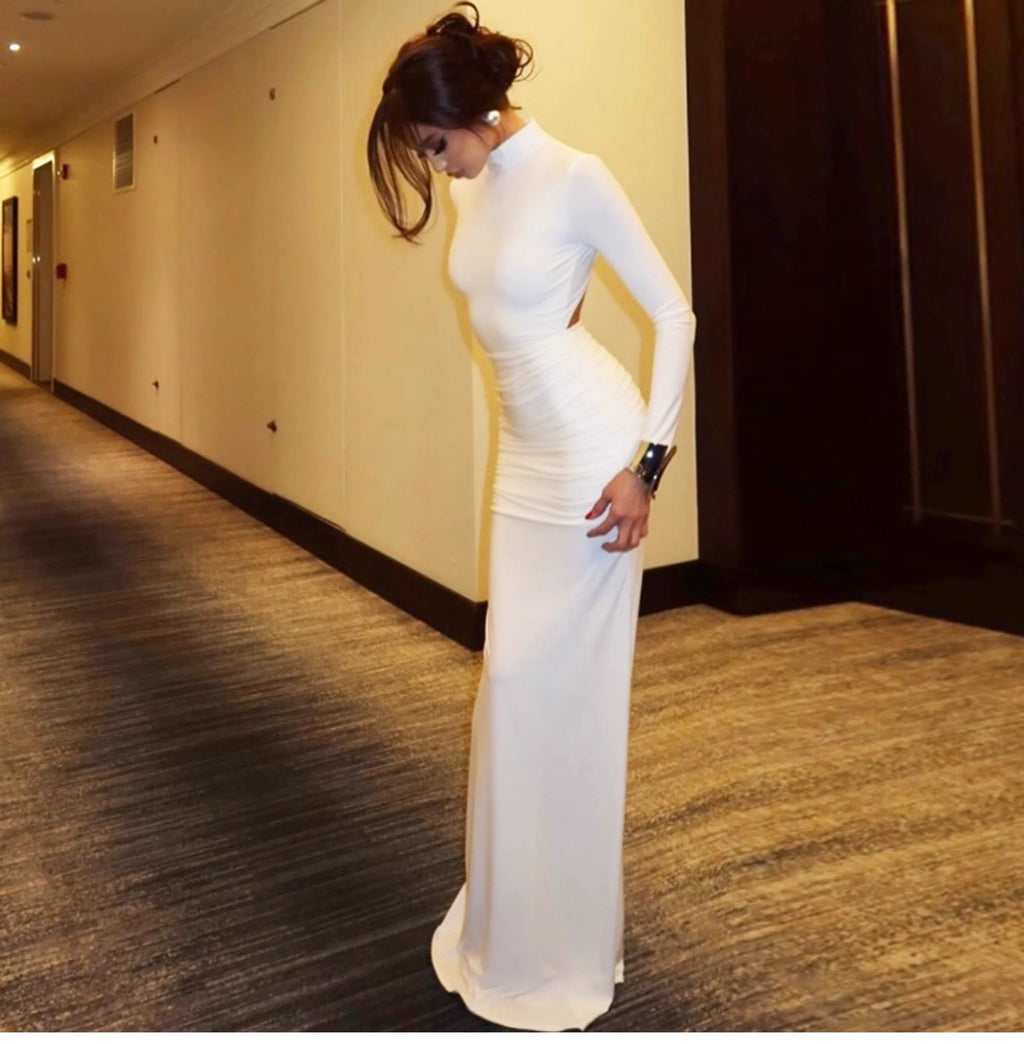 Sexy backless button-up long-sleeved dress with pleats, high-waisted, fitted and hourglass-shaped long skirt for women