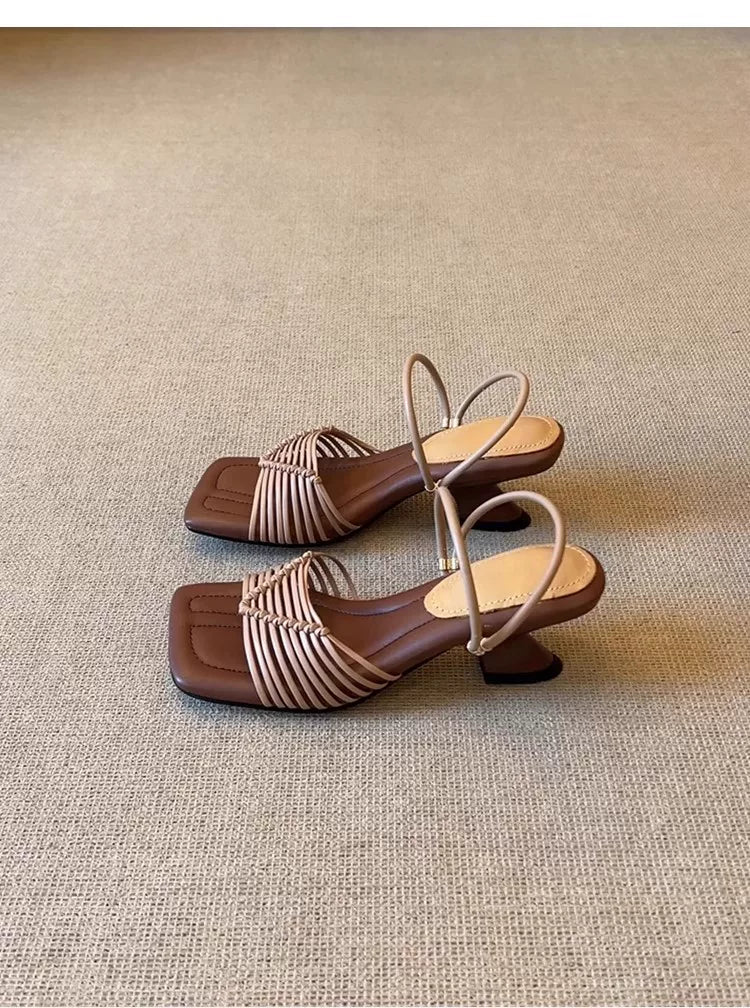 Sheepskin version ~ Soft-soled hand-woven Roman sandals for women, versatile and comfortable leather pointed-toe slip-on high-heeled sandals