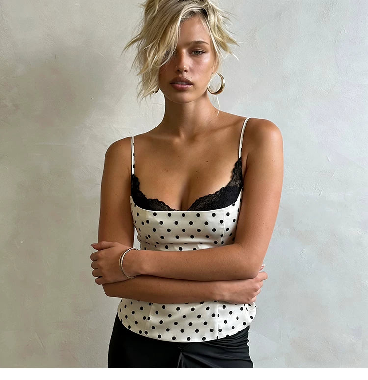 Sexy fit. Unique fashion. Lace patchwork with polka dots. Stretchable halter-necked top for women.