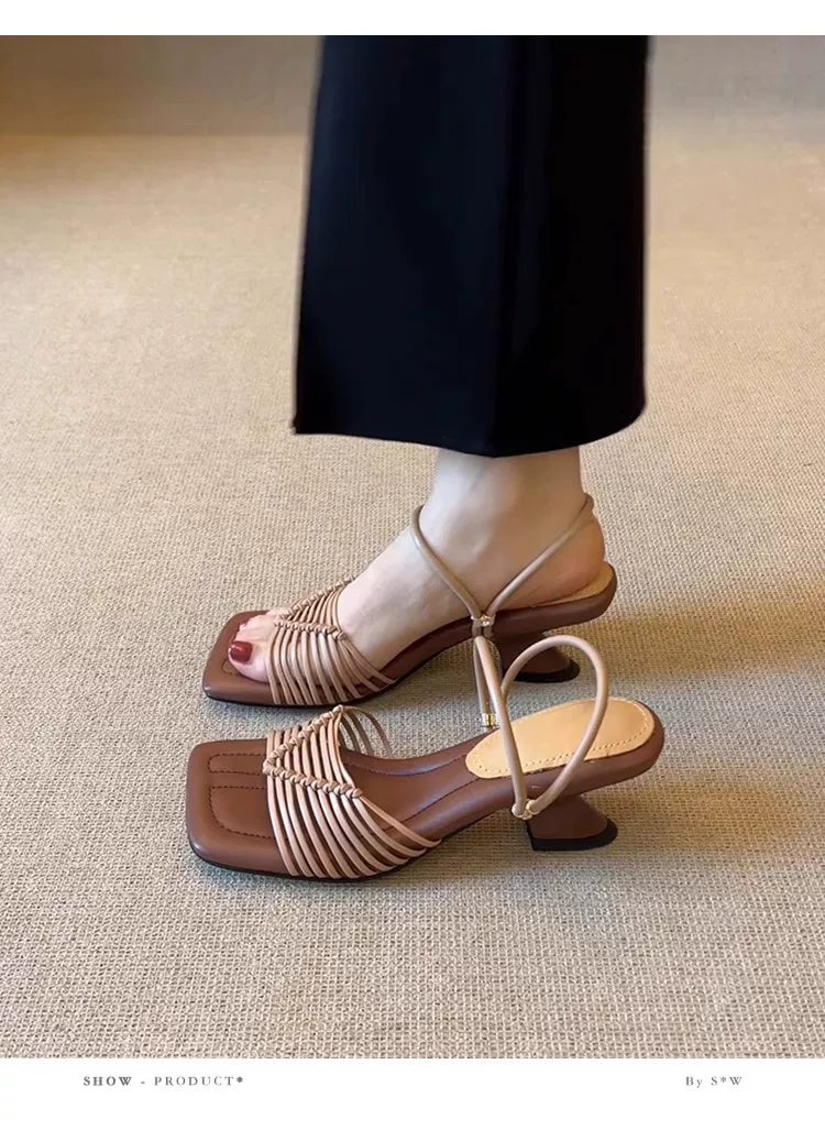 Sheepskin version ~ Soft-soled hand-woven Roman sandals for women, versatile and comfortable leather pointed-toe slip-on high-heeled sandals