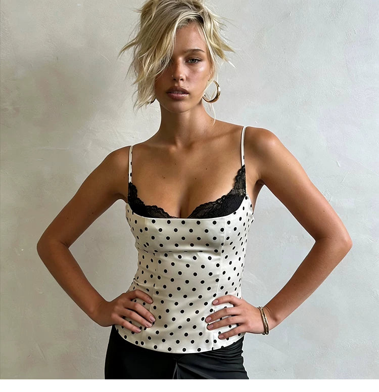 Sexy fit. Unique fashion. Lace patchwork with polka dots. Stretchable halter-necked top for women.