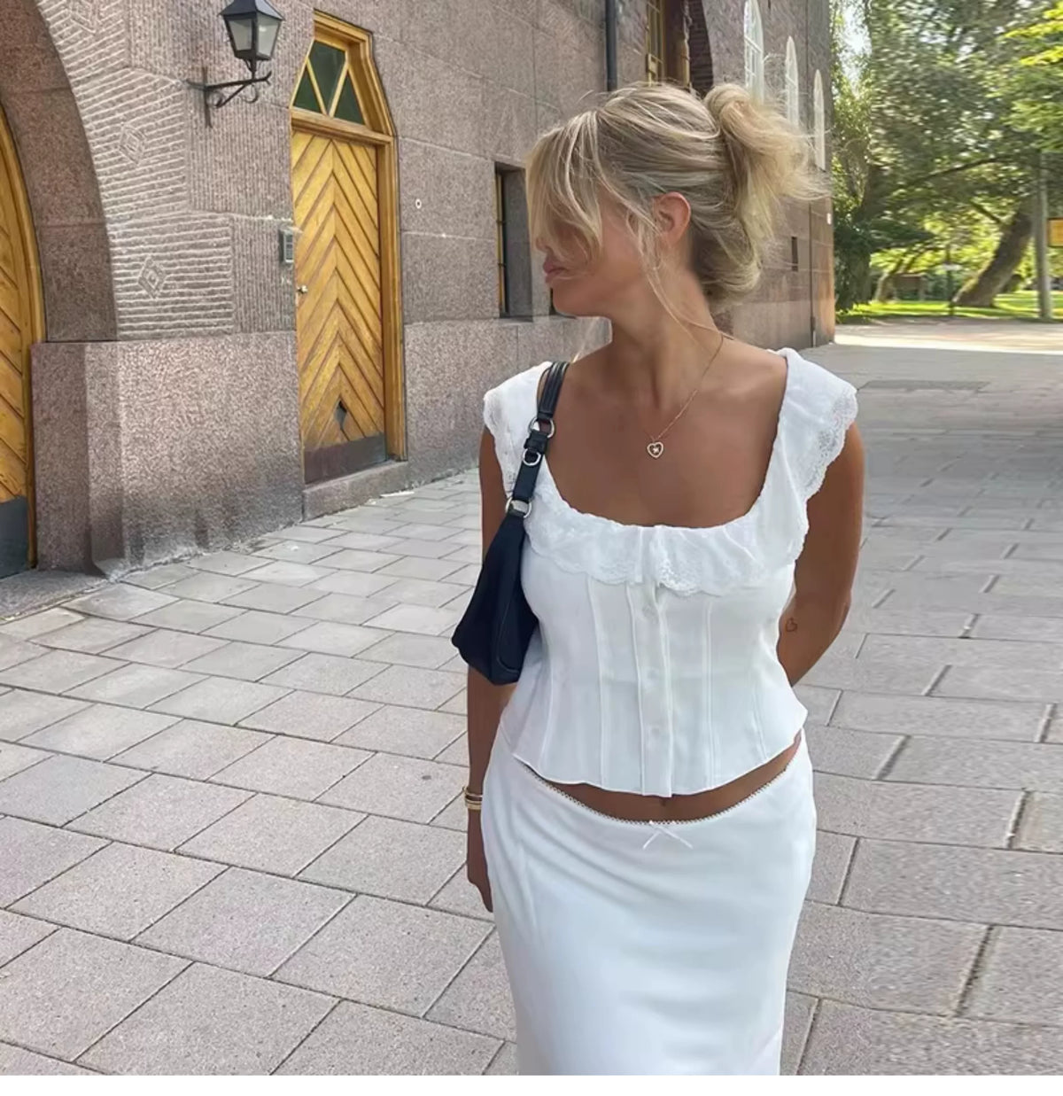 Summer lace-trimmed ruched V-neck single-button top with zipper high-waisted midi skirt - fashionable two-piece set for women