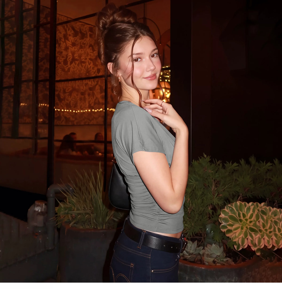 Summer versatile and sexy V-neck short-sleeved T-shirt for women with pleated high-waist and slim-fitting design, perfect for a bold and stylish look.