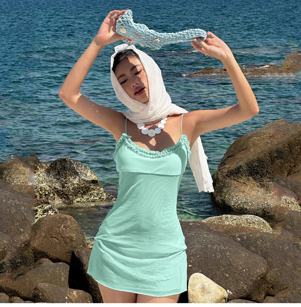 Beach vacation style double-layer netted lace floral halter top dress for women - revealing back, fitted and short skirt