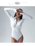 Sexy POLO half-collared long-sleeved one-piece top for women, suitable for spring and autumn, high-waisted, versatile, thick-fabric base layer shirt