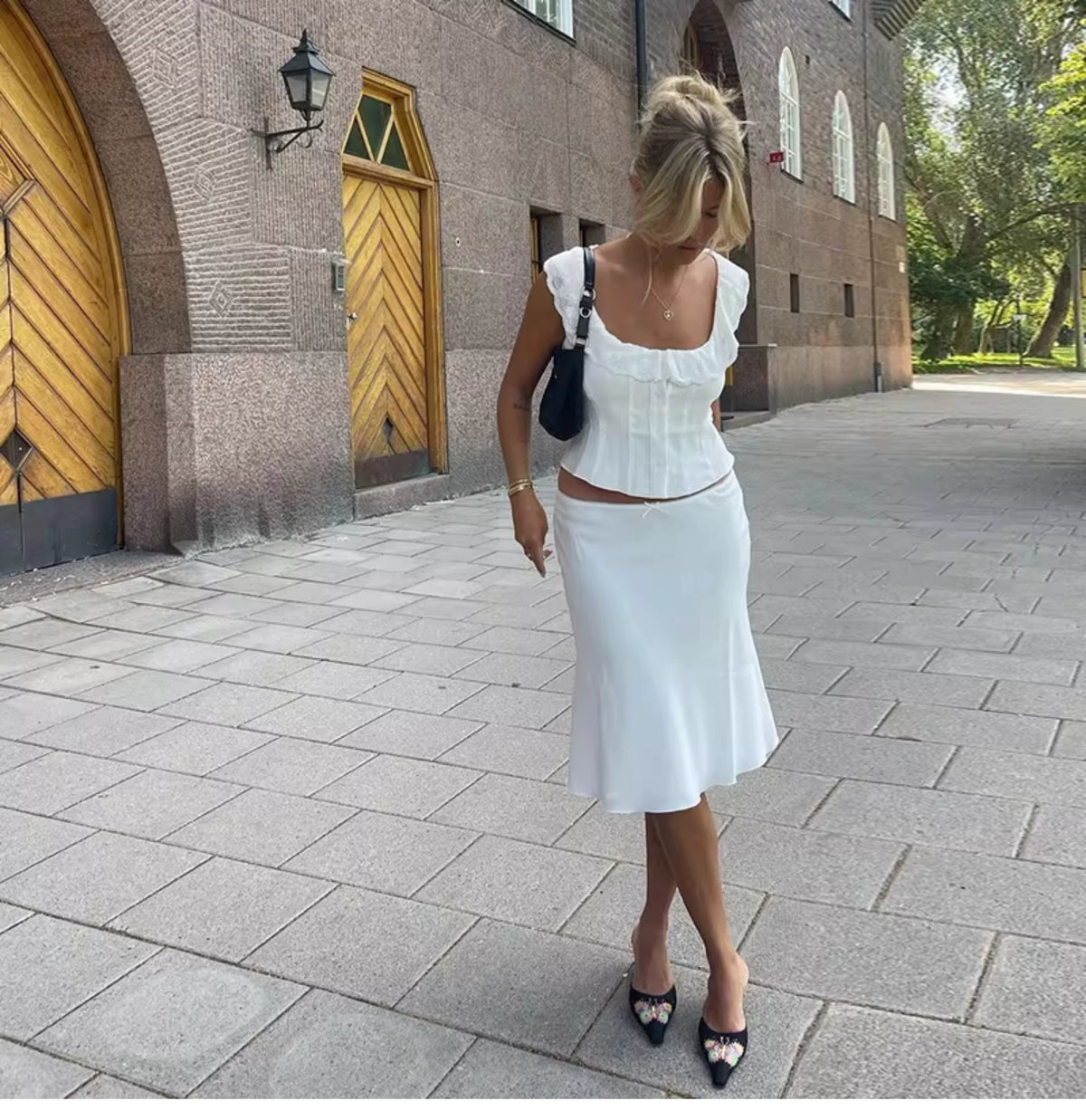 Summer lace-trimmed ruched V-neck single-button top with zipper high-waisted midi skirt - fashionable two-piece set for women
