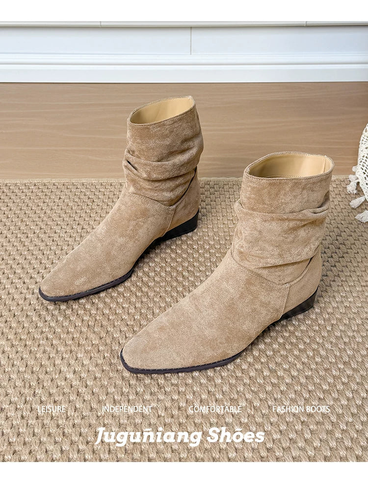 Leather version ~ Retro suede pointed toe pleated boot for women, thick heel, low heel, short boot, slimming effect, western style denim boot