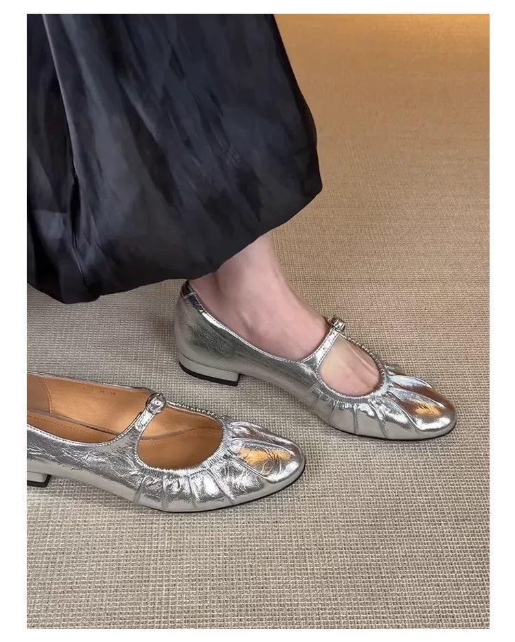 Sheepskin version ~ genuine leather retro silver pleated low-heeled Mary Jane shoes, children's shallow-toe single shoes, bow tie ballet shoes