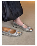 Sheepskin version ~ genuine leather retro silver pleated low-heeled Mary Jane shoes, children's shallow-toe single shoes, bow tie ballet shoes