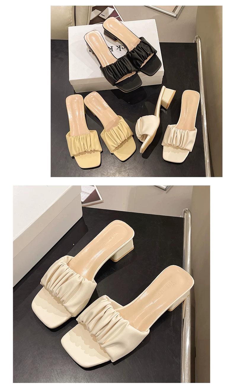 Round-toe thick-soled summer new style fashionable and versatile pleated wedge flip-flop shoes for women to wear outside.