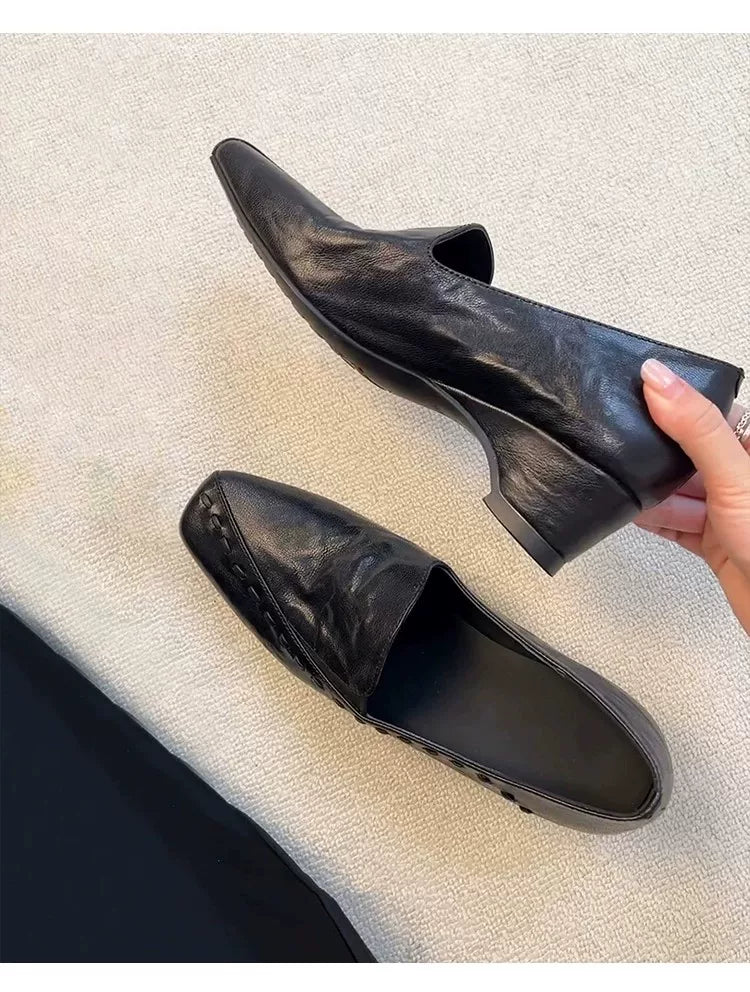 Sheepskin version ~ French-style gentle woven ankle boot loafers with thick heel for women, breathable and comfortable soft sole, small leather shoes