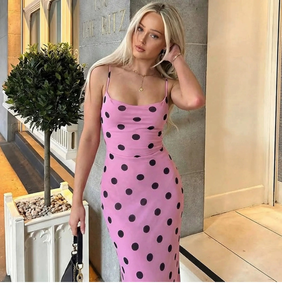 Holiday Trouble Point Print Strappy Waist-Slim Backless Halter Dress Feminine Long Skirt