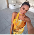 European-style tie-dye printed double-layer net fabric one-shoulder stretch-fitting plunging top for women with flowing ribbons