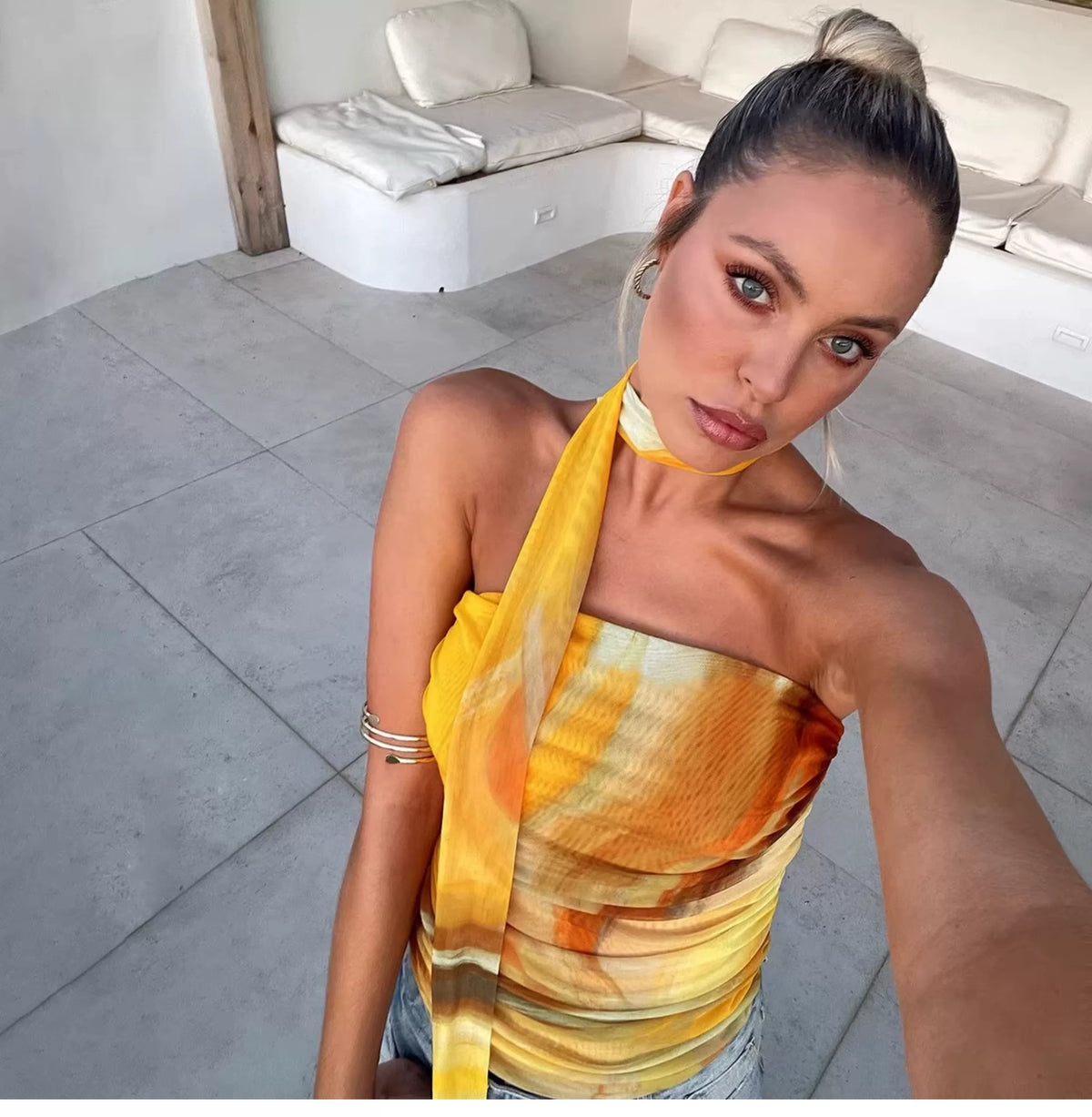 European-style tie-dye printed double-layer net fabric one-shoulder stretch-fitting plunging top for women with flowing ribbons