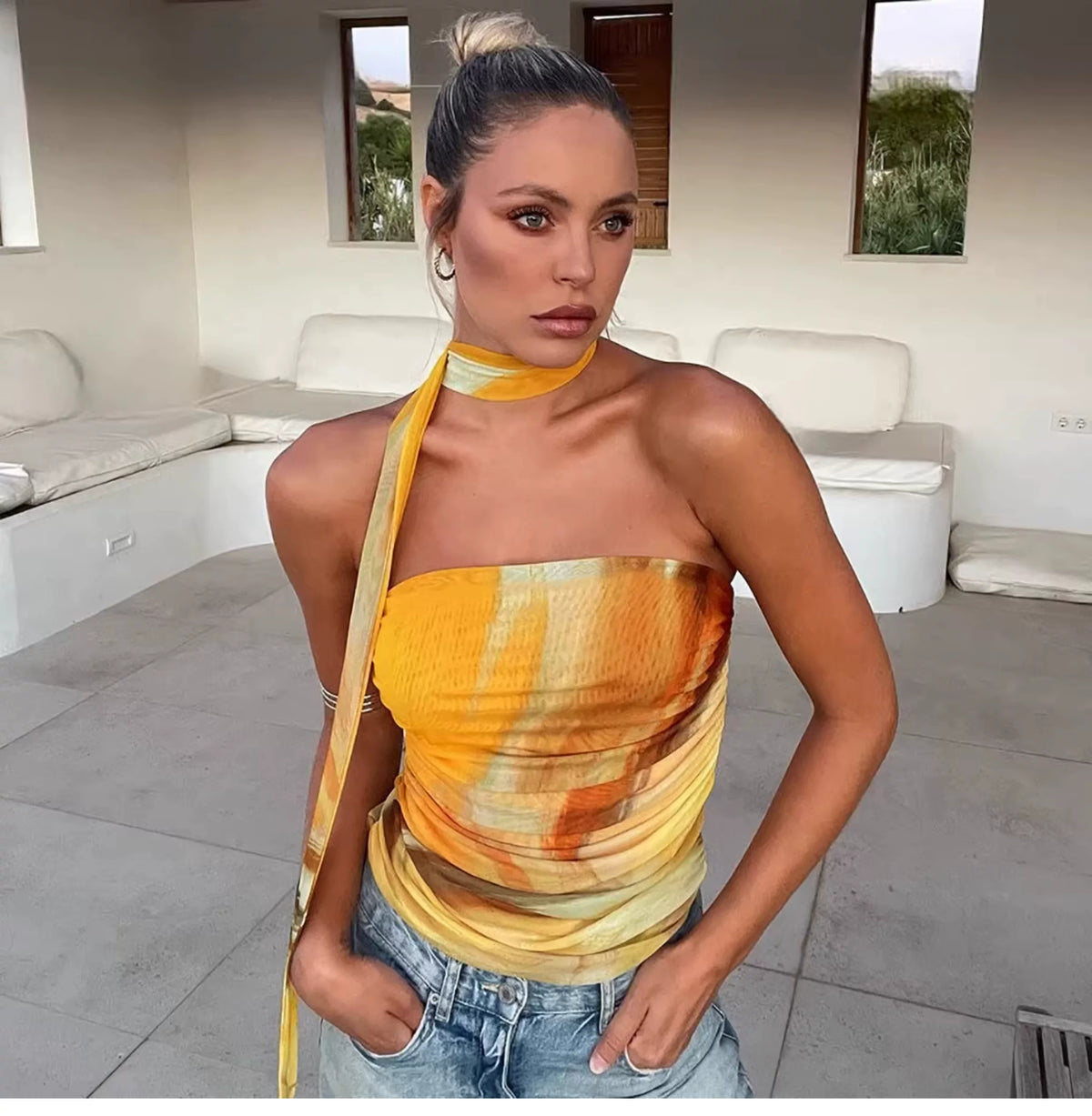 European-style tie-dye printed double-layer net fabric one-shoulder stretch-fitting plunging top for women with flowing ribbons