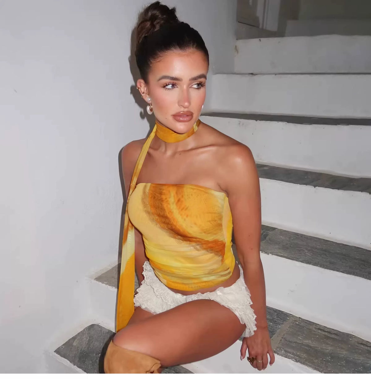 European-style tie-dye printed double-layer net fabric one-shoulder stretch-fitting plunging top for women with flowing ribbons