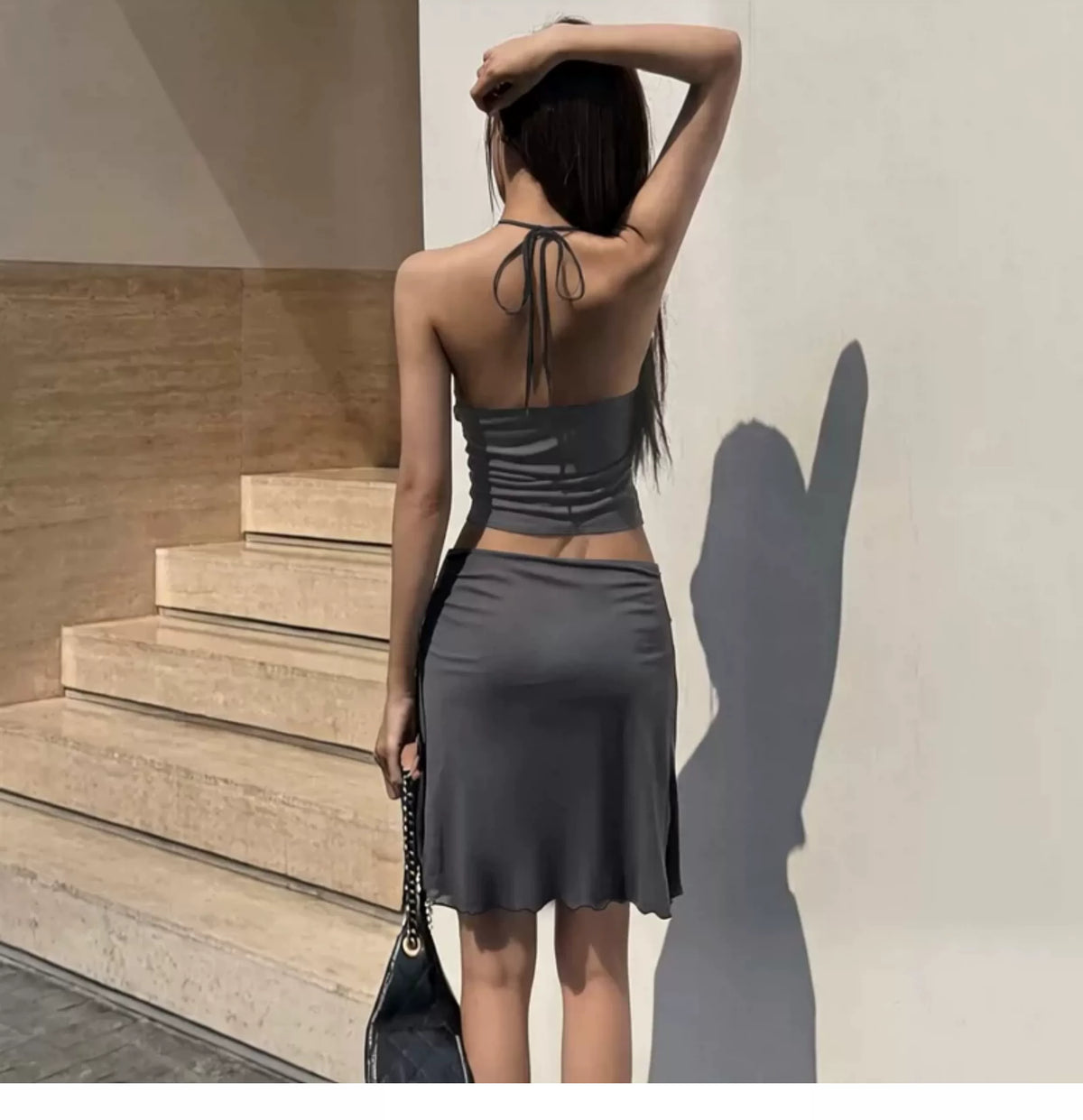 Sexy hot girl outfit with backless lace-up neck halter top, double wooden earflap high-waisted fitted half-length skirt