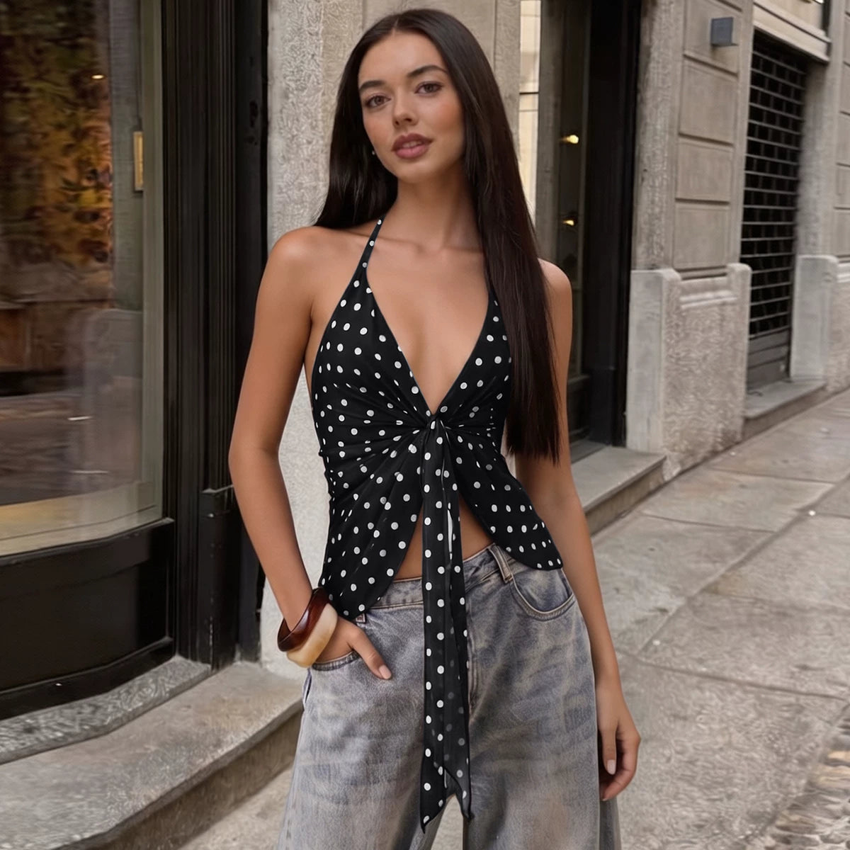 Sexy girl style round-neck polka-dot halter top for women with a pure erotic vibe, featuring a low-cut and twisted design with exposed back.