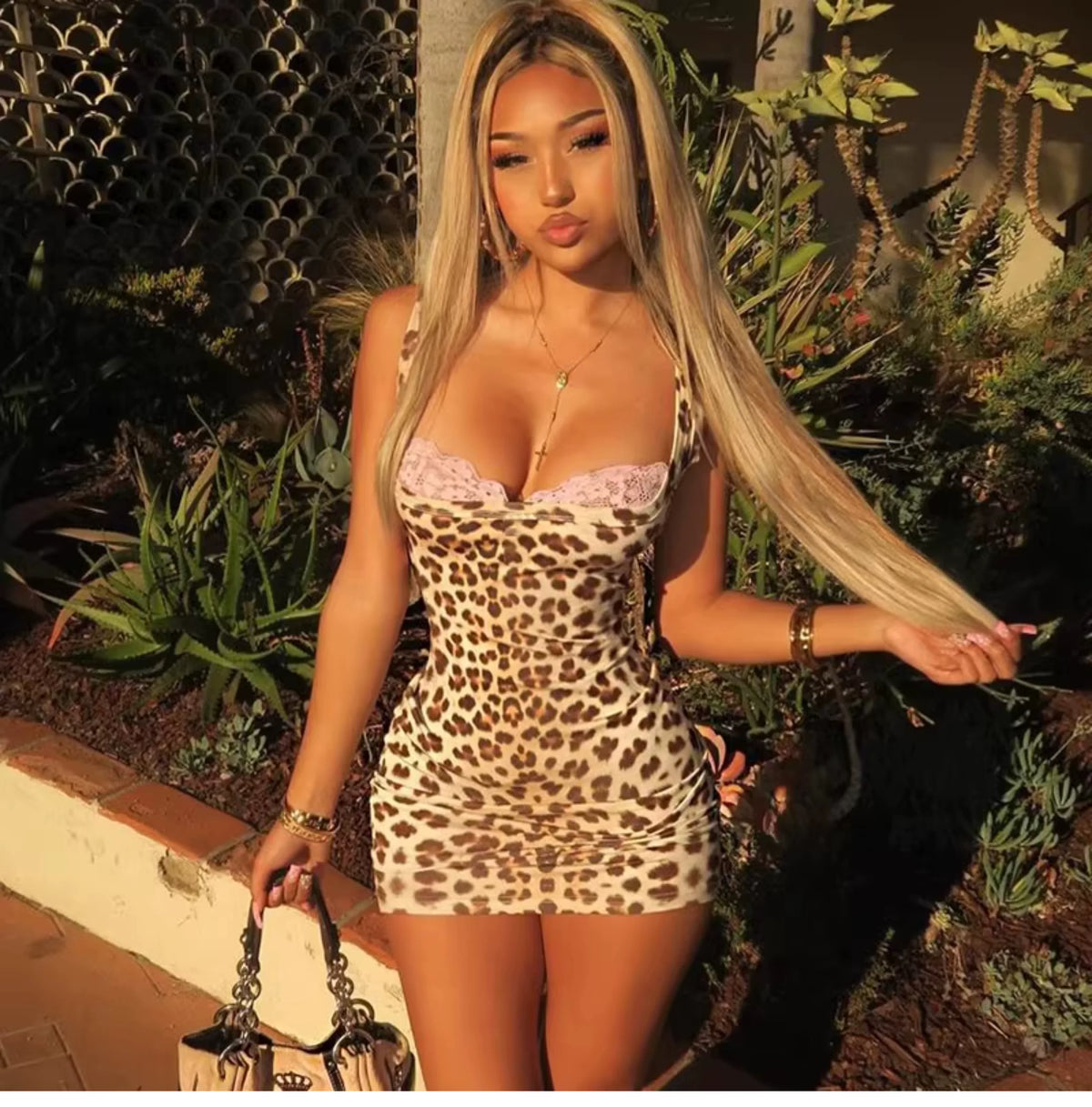 Ins-style sexy leopard print floral pattern square-neck lace-embroidered fitted halter-top sexy girl dress for women