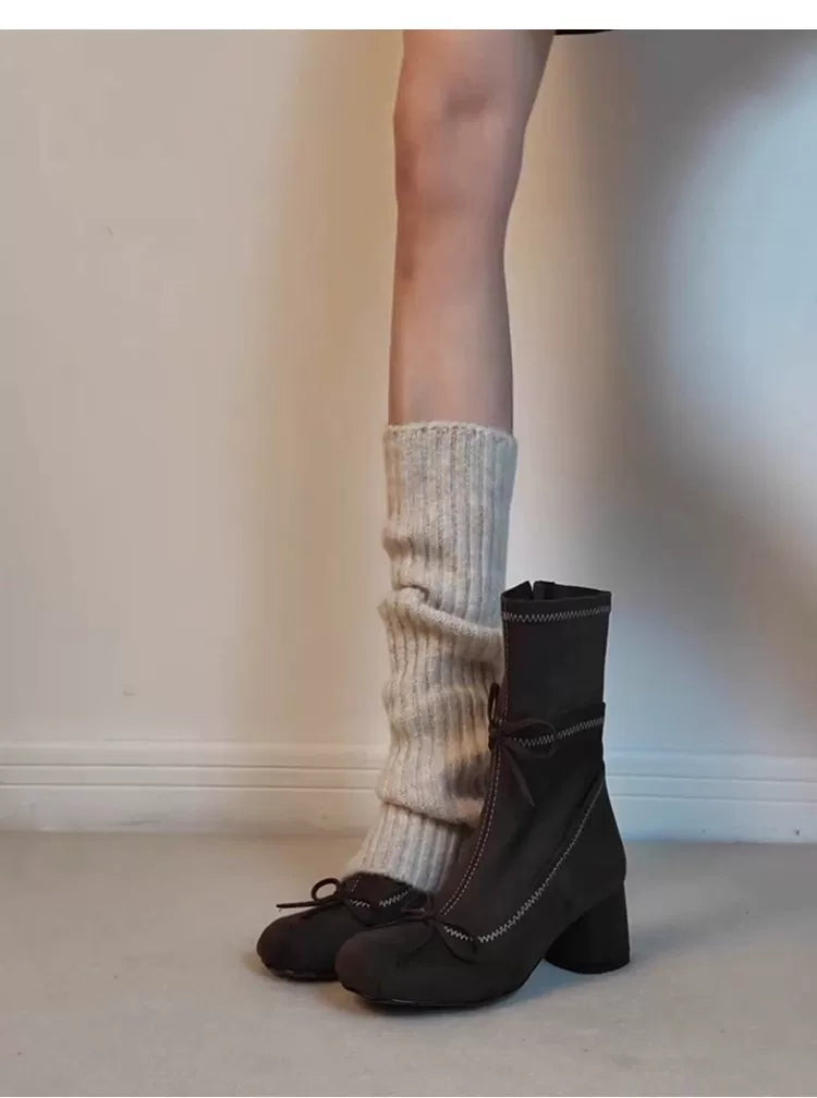Leather version ~ Retro bow ballet-style stretch slim boots for women with round toe, suede upper, thick heel, side zipper, short length