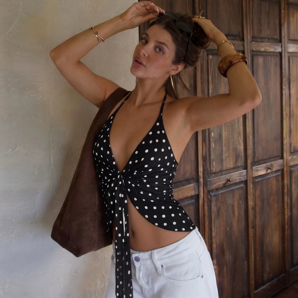 Sexy girl style round-neck polka-dot halter top for women with a pure erotic vibe, featuring a low-cut and twisted design with exposed back.