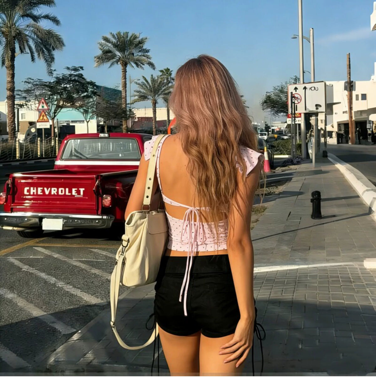 Dot pattern ruffled low round-neck halter top with straps, revealing the back, elastic-waisted, form-fitting short blouse for women