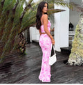 Zydeco print fashion set - V-neck halter top, high-waisted fitted frilly long skirt set
