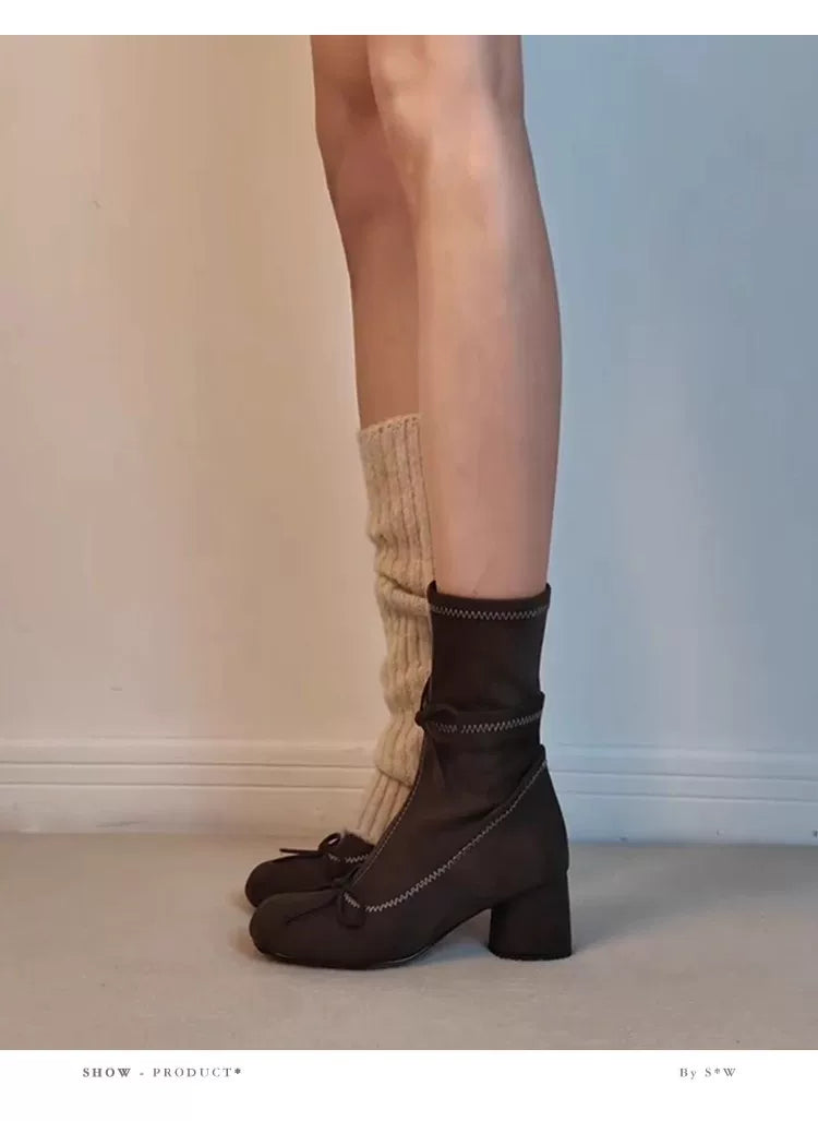 Leather version ~ Retro bow ballet-style stretch slim boots for women with round toe, suede upper, thick heel, side zipper, short length