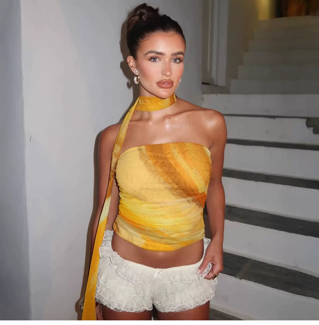 European-style tie-dye printed double-layer net fabric one-shoulder stretch-fitting plunging top for women with flowing ribbons