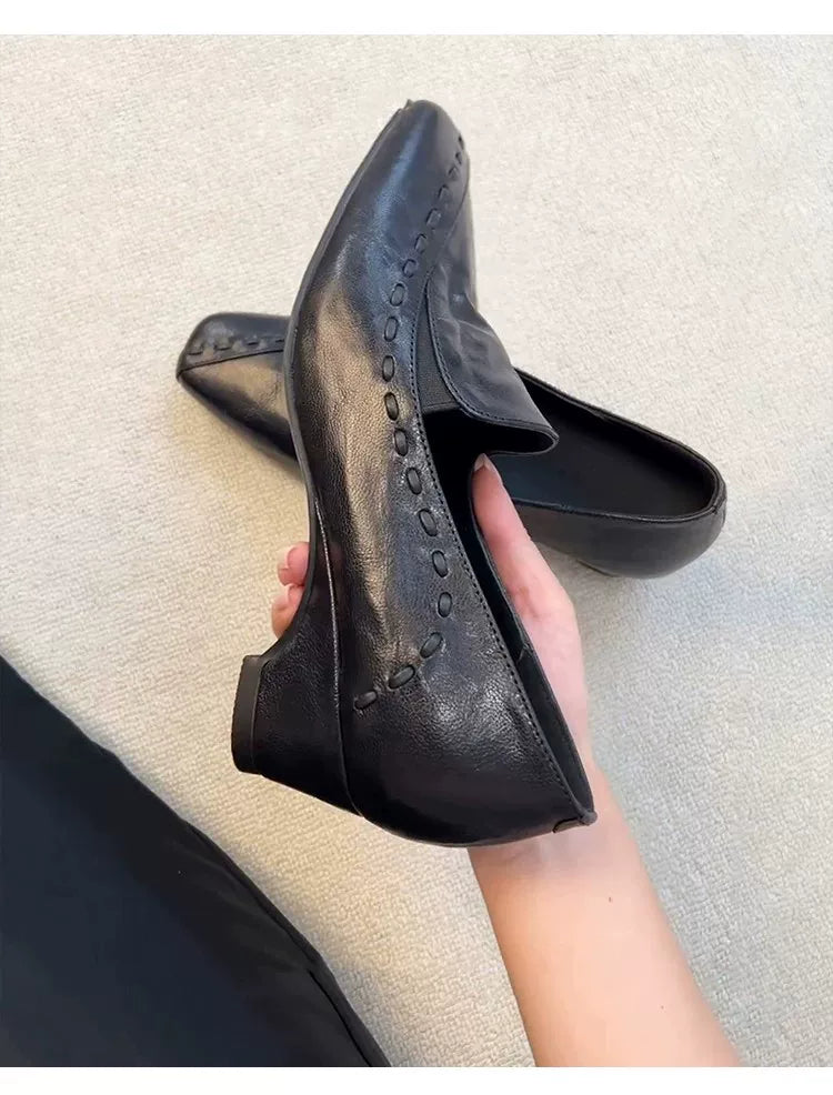 Sheepskin version ~ French-style gentle woven ankle boot loafers with thick heel for women, breathable and comfortable soft sole, small leather shoes