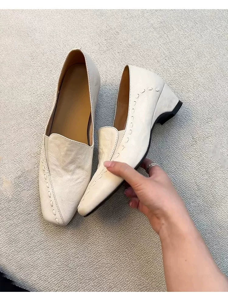 Sheepskin version ~ French-style gentle woven ankle boot loafers with thick heel for women, breathable and comfortable soft sole, small leather shoes