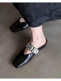 Sheepskin version ~ Versatile high-heel metal black beanie shoes for women, one-piece leather wedge square toe half-toe slippers
