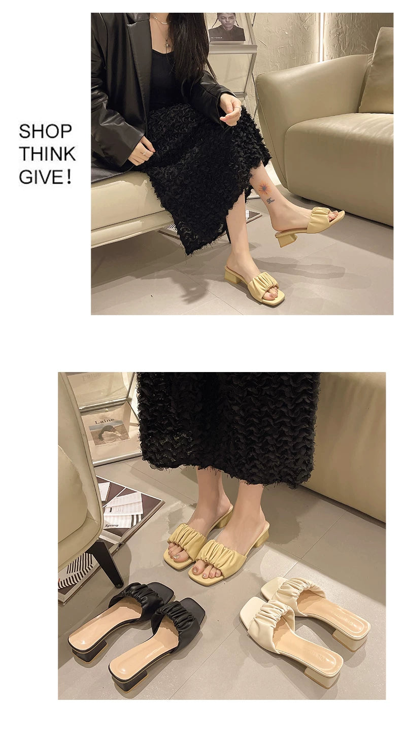 Round-toe thick-soled summer new style fashionable and versatile pleated wedge flip-flop shoes for women to wear outside.