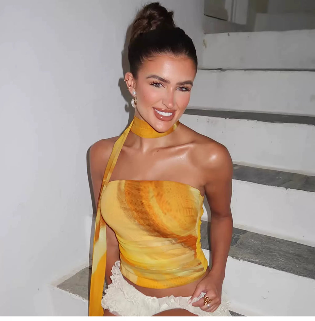 European-style tie-dye printed double-layer net fabric one-shoulder stretch-fitting plunging top for women with flowing ribbons