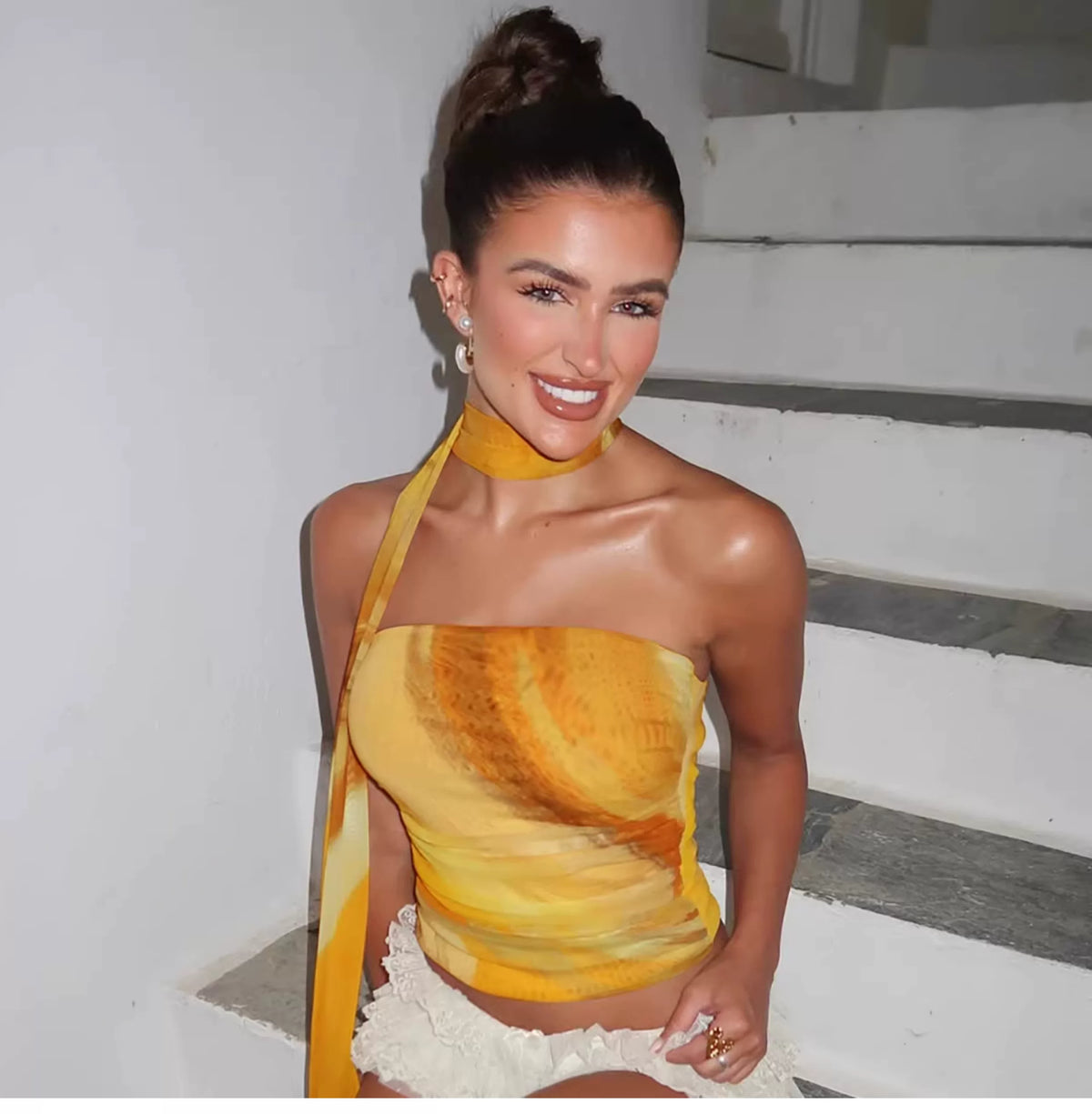 European-style tie-dye printed double-layer net fabric one-shoulder stretch-fitting plunging top for women with flowing ribbons