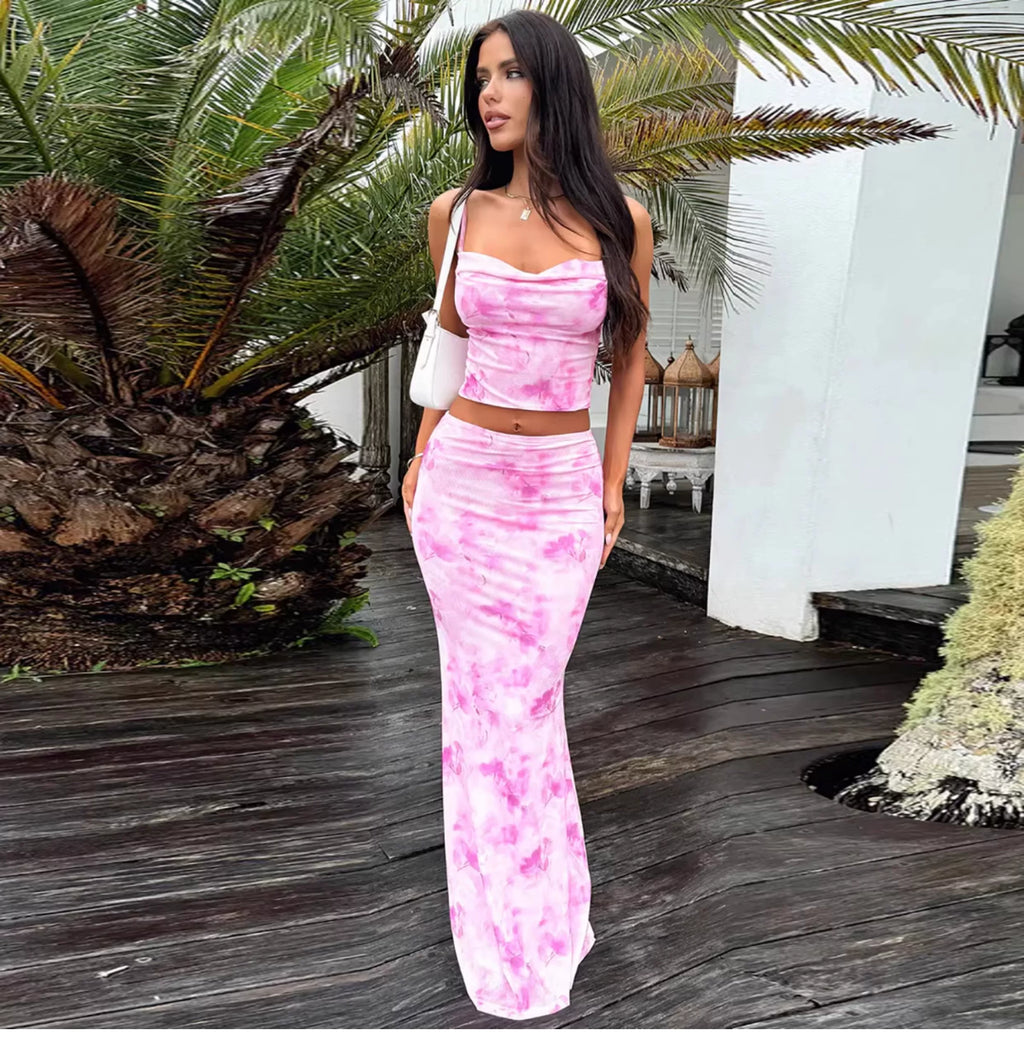 Zydeco print fashion set - V-neck halter top, high-waisted fitted frilly long skirt set