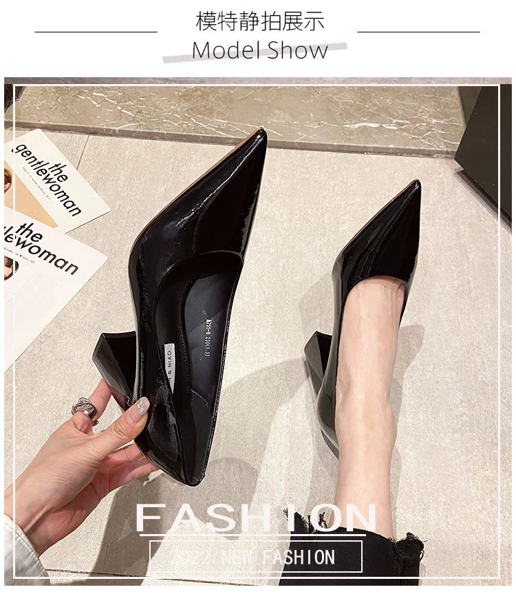 Coarse-featured single-heel spring new style fashionable pointed-toe professional work shoes, shallow toe, women's lacquered leather high heels