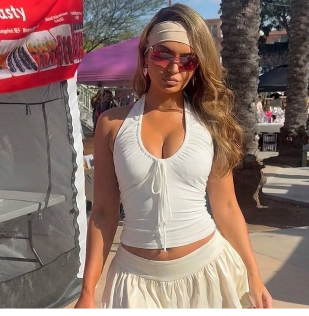 Sexy deep V-neck drawstring tie halter top, high-waisted slim-fit revealing back short top for women