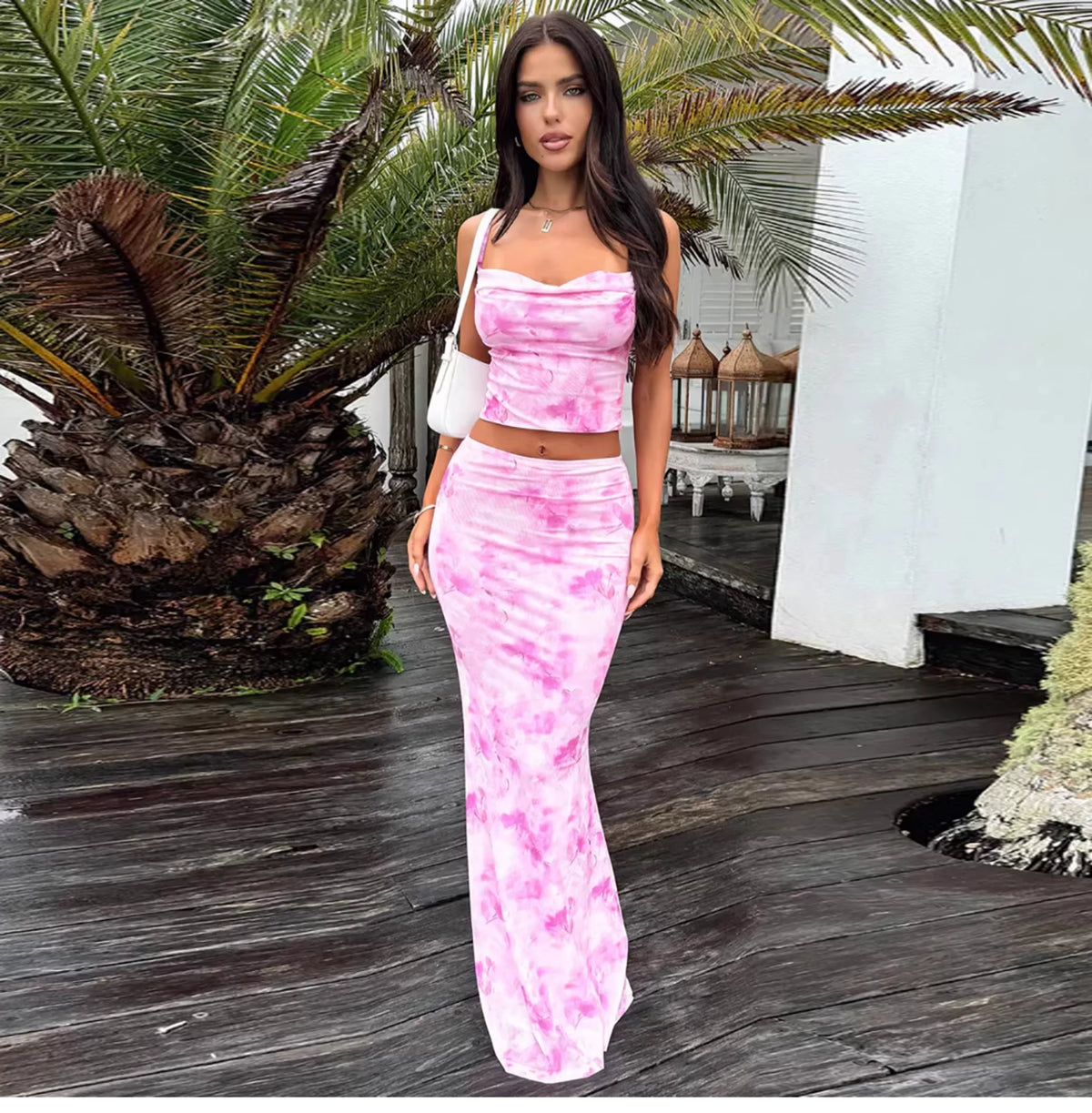 Zydeco print fashion set - V-neck halter top, high-waisted fitted frilly long skirt set
