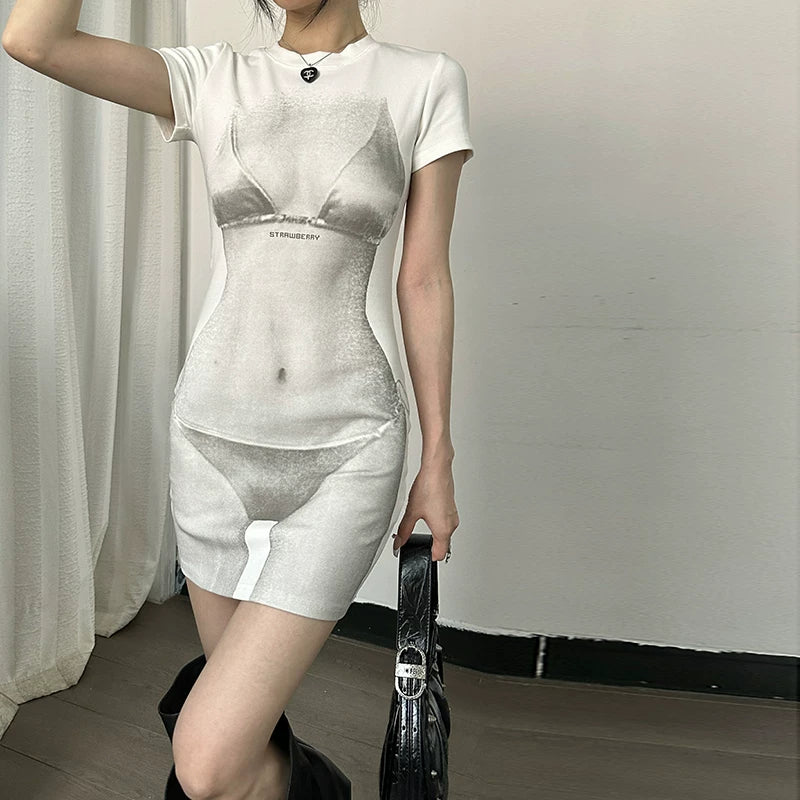 Perspective effect bikini print short-sleeved dress for women - summer high-waisted slimming figure-hugging short skirt