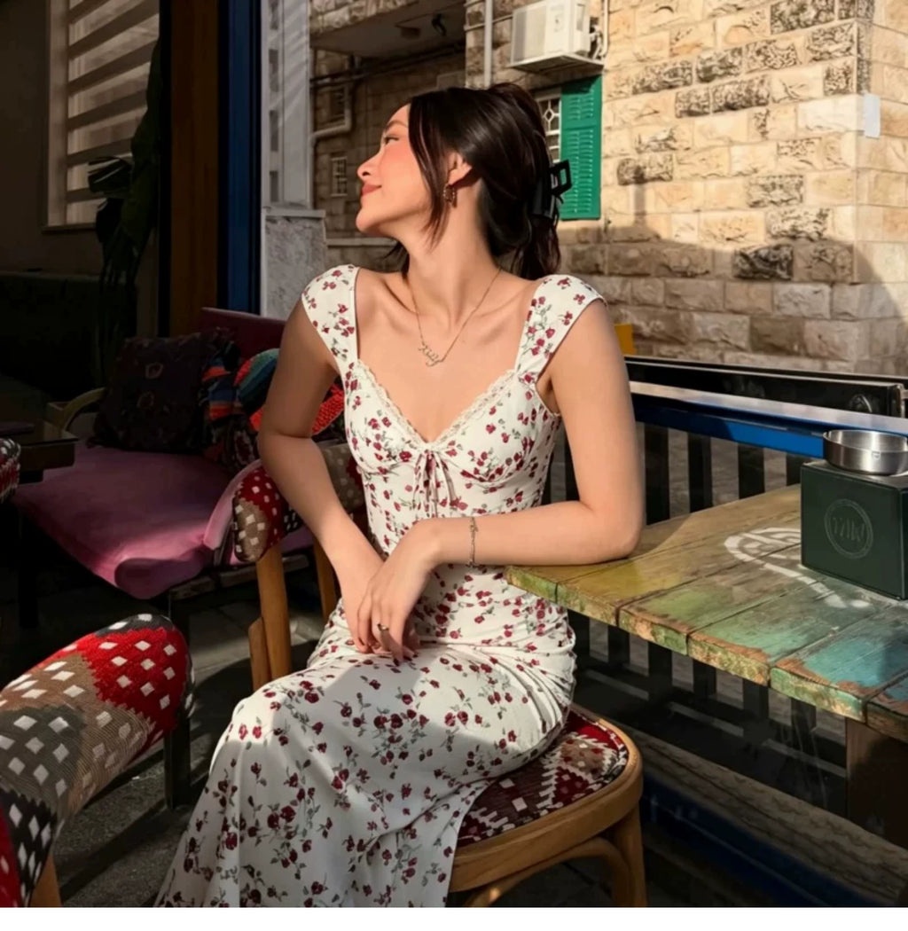 Holiday-style double-layer netted floral halter dress with lace stitching and tie straps, high-waisted and figure-hugging long dress