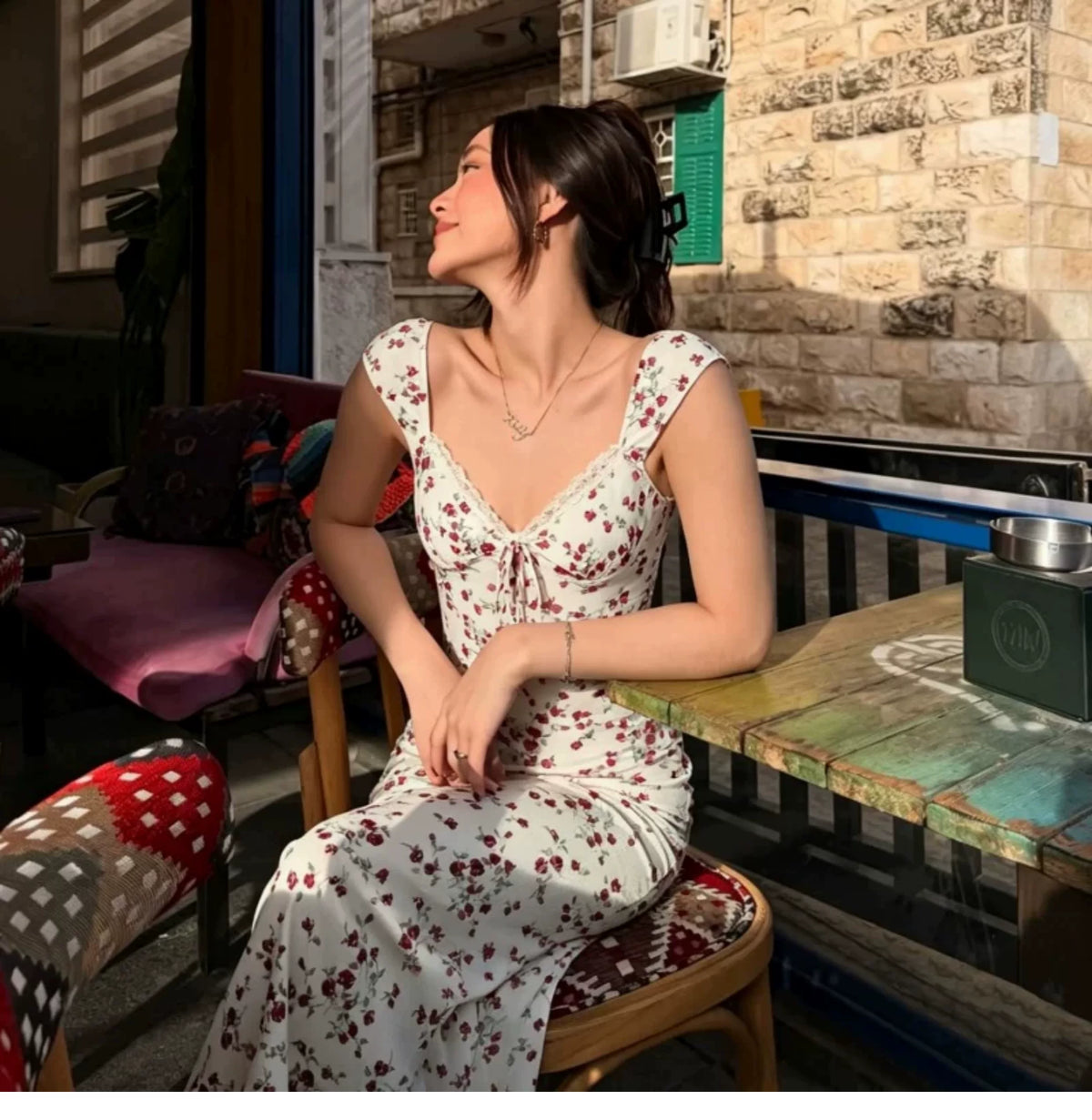 Holiday-style double-layer netted floral halter dress with lace stitching and tie straps, high-waisted and figure-hugging long dress