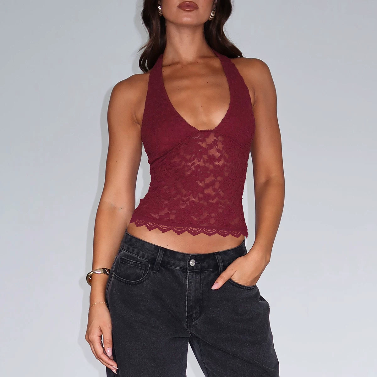 Deep V-neck sexy lace stitched semi-transparent neckless top for women, revealing back, slim-fit, spicy schoolgirl style vest