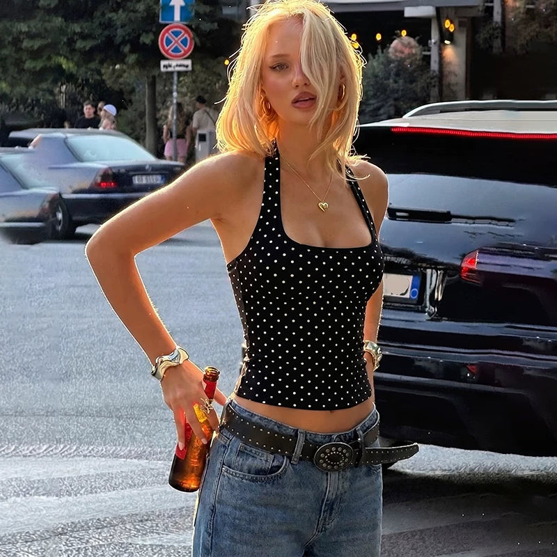 Hot girl polka dot printed neckless halter top with a feminine and erotic style V-neck revealing top for women