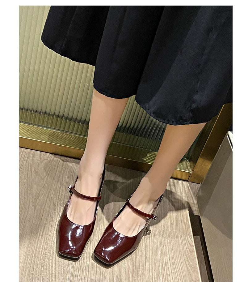 Spring/Summer New Style Thick-Topped Women's Leather Slingback Square-Toe Low-Cut Mary Jane Pumps with Skirt Button-Up High Heels