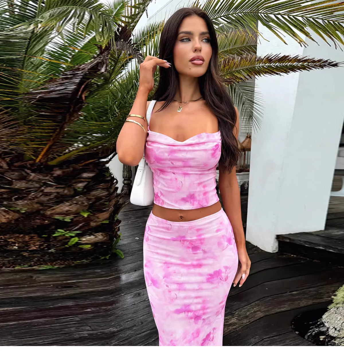 Zydeco print fashion set - V-neck halter top, high-waisted fitted frilly long skirt set